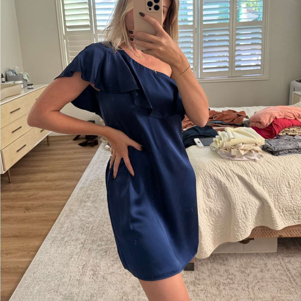 Voom by Joy Han One shoulder, blue silk ruffle dress